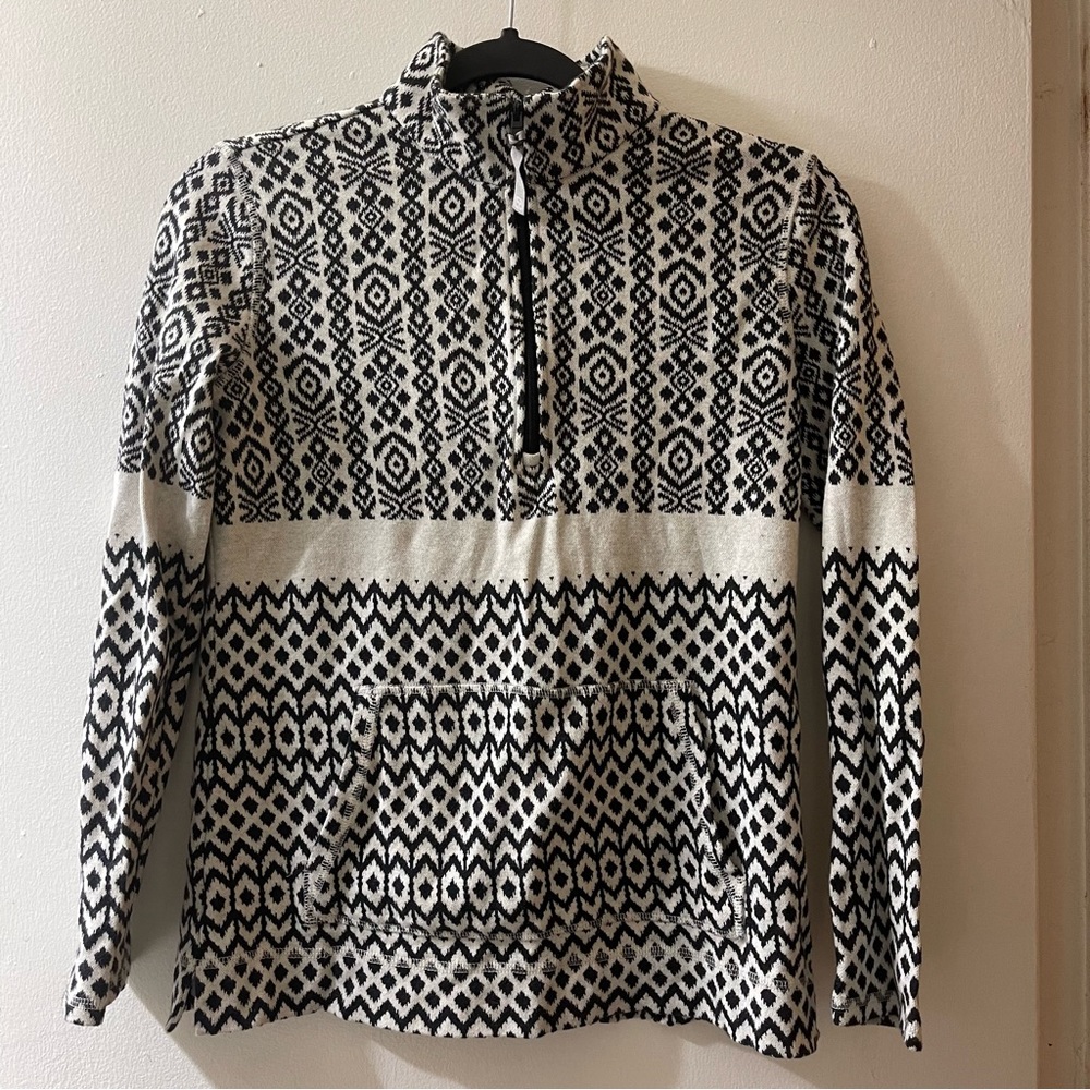 T by Talbots Petites Black Cream Southwest Print 1/4 Zip L/S Pullover Top